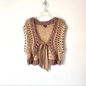 Lulumari Boho Crochet Tie Front Sweater M/L